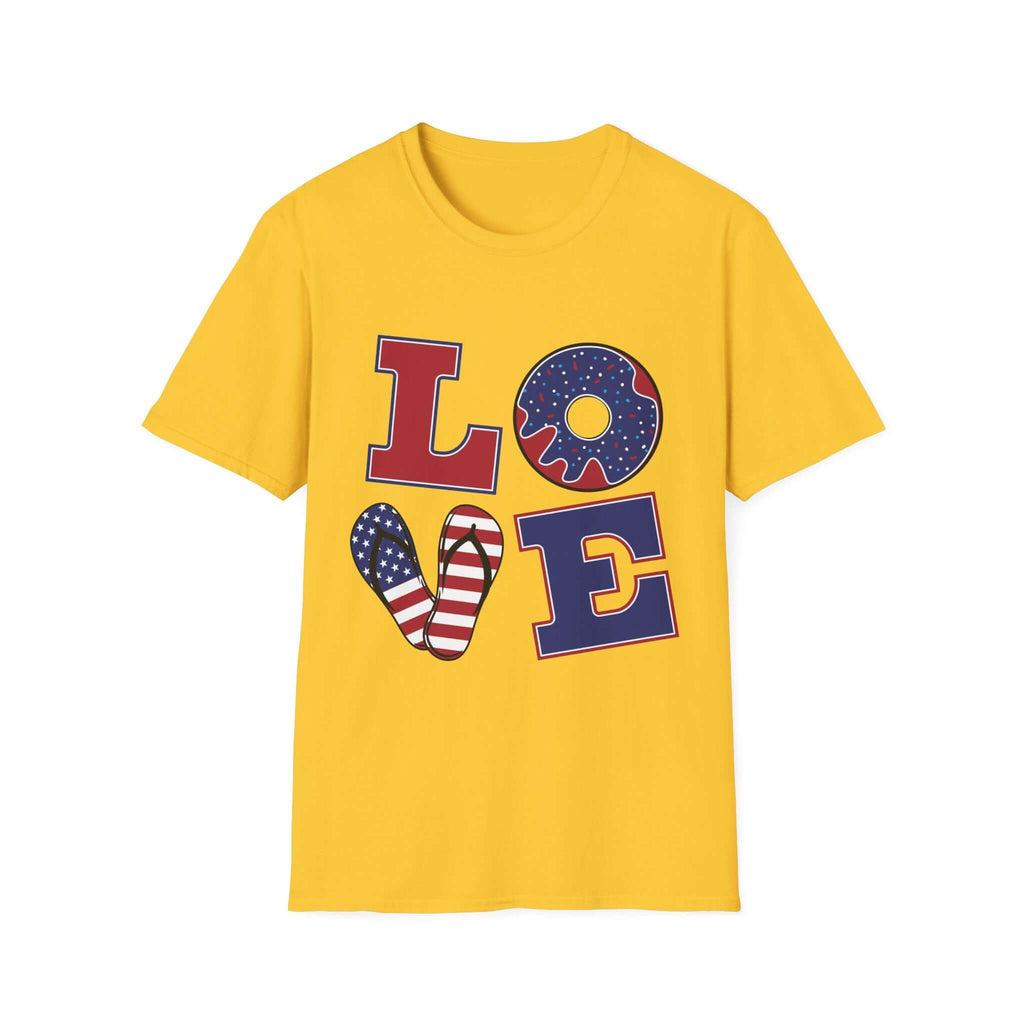 Patriotic "LOVE" T-Shirt — American Flag Donut & Flip-Flop Summer Tee