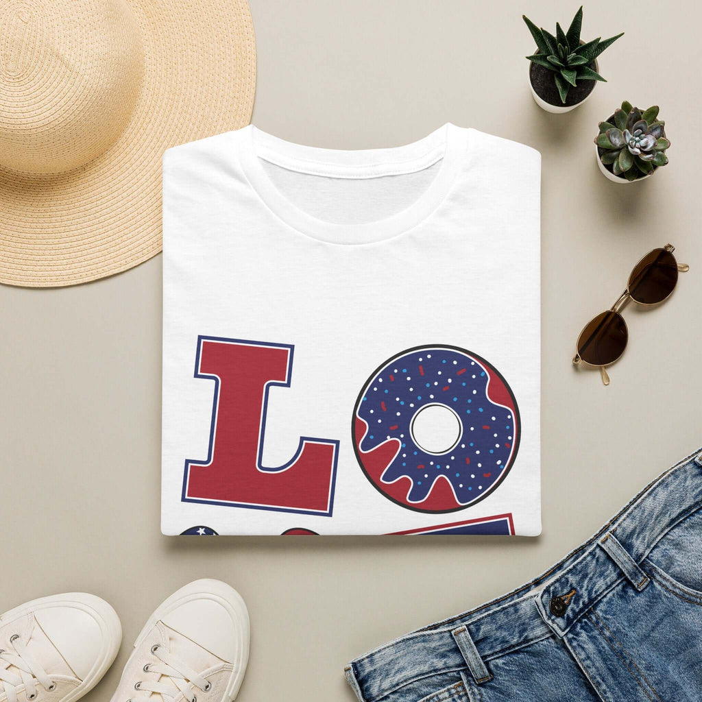 Patriotic "LOVE" T-Shirt — American Flag Donut & Flip-Flop Summer Tee