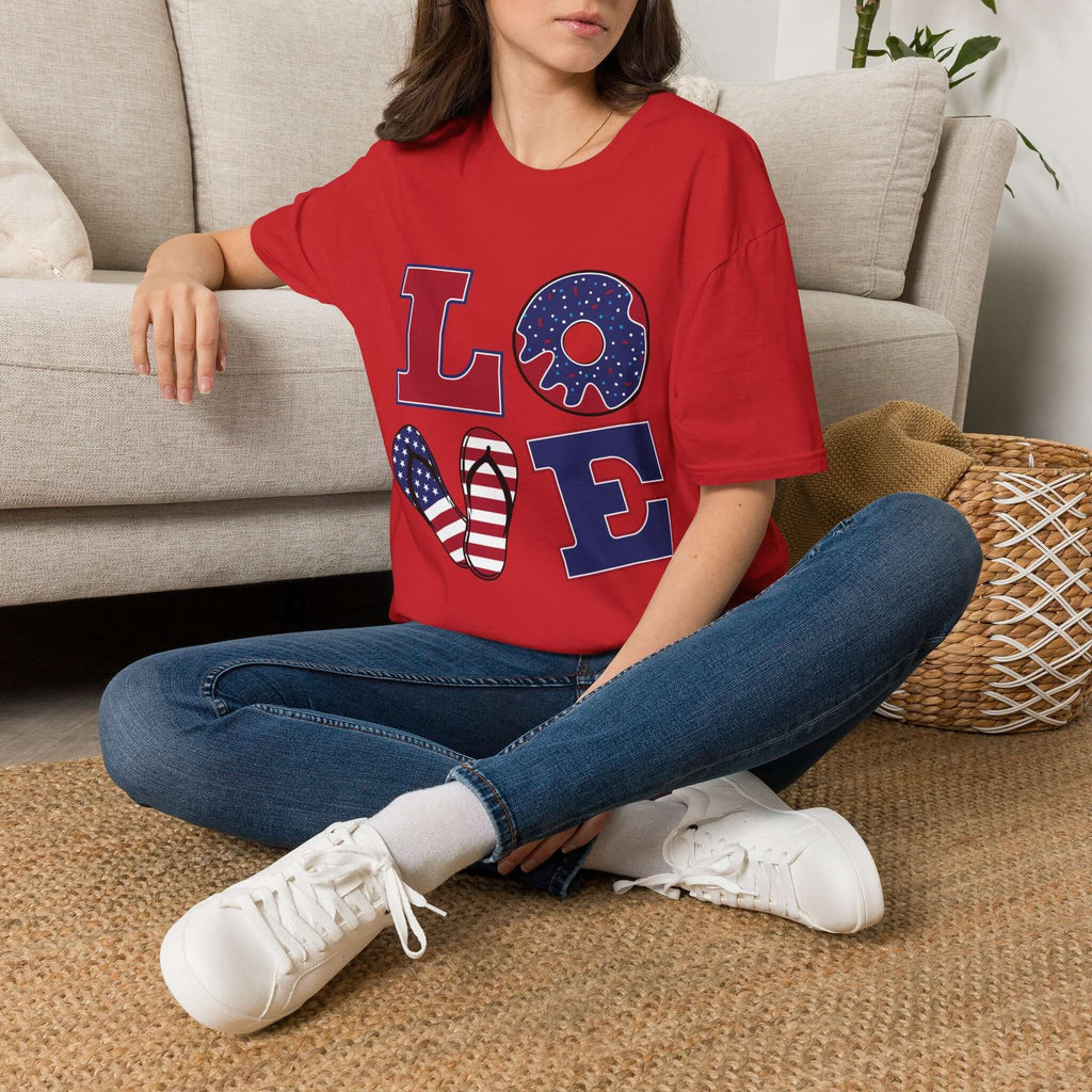 Patriotic "LOVE" T-Shirt — American Flag Donut & Flip-Flop Summer Tee