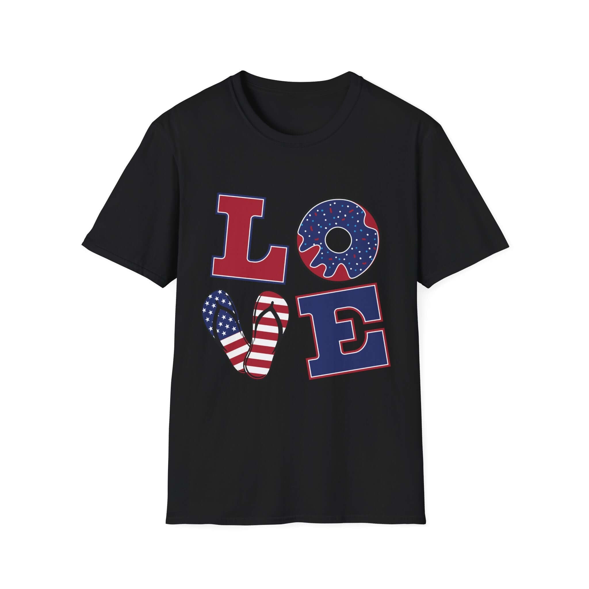 Patriotic "LOVE" T-Shirt — American Flag Donut & Flip-Flop Summer Tee