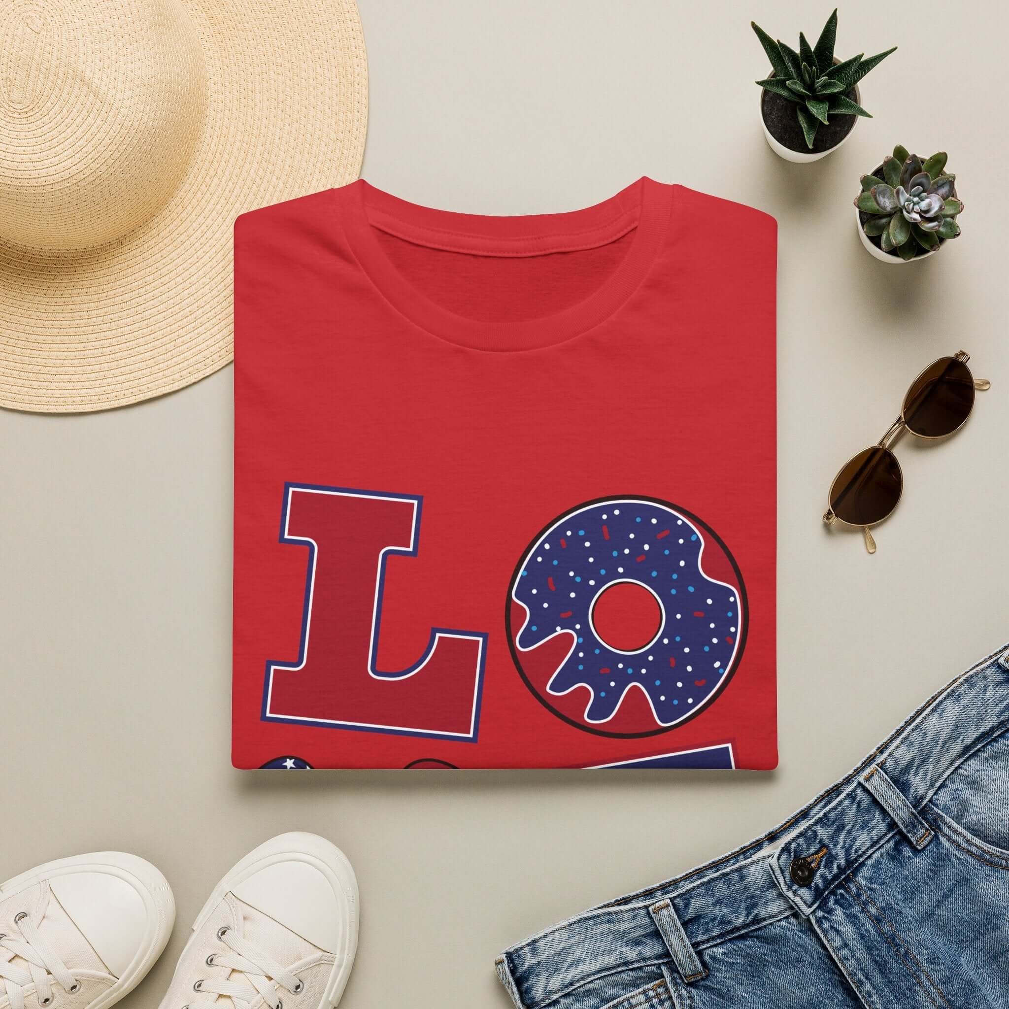 Patriotic "LOVE" T-Shirt — American Flag Donut & Flip-Flop Summer Tee