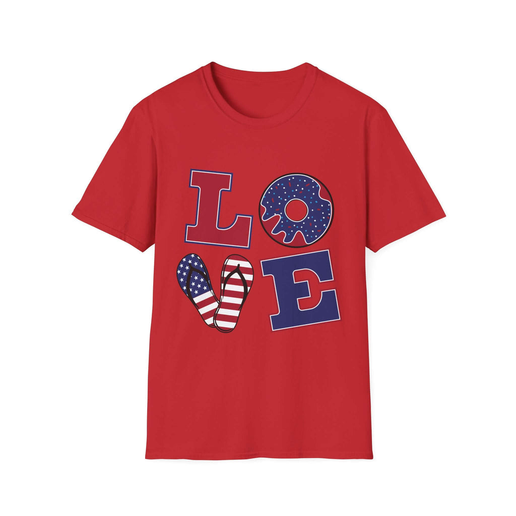 Patriotic "LOVE" T-Shirt — American Flag Donut & Flip-Flop Summer Tee